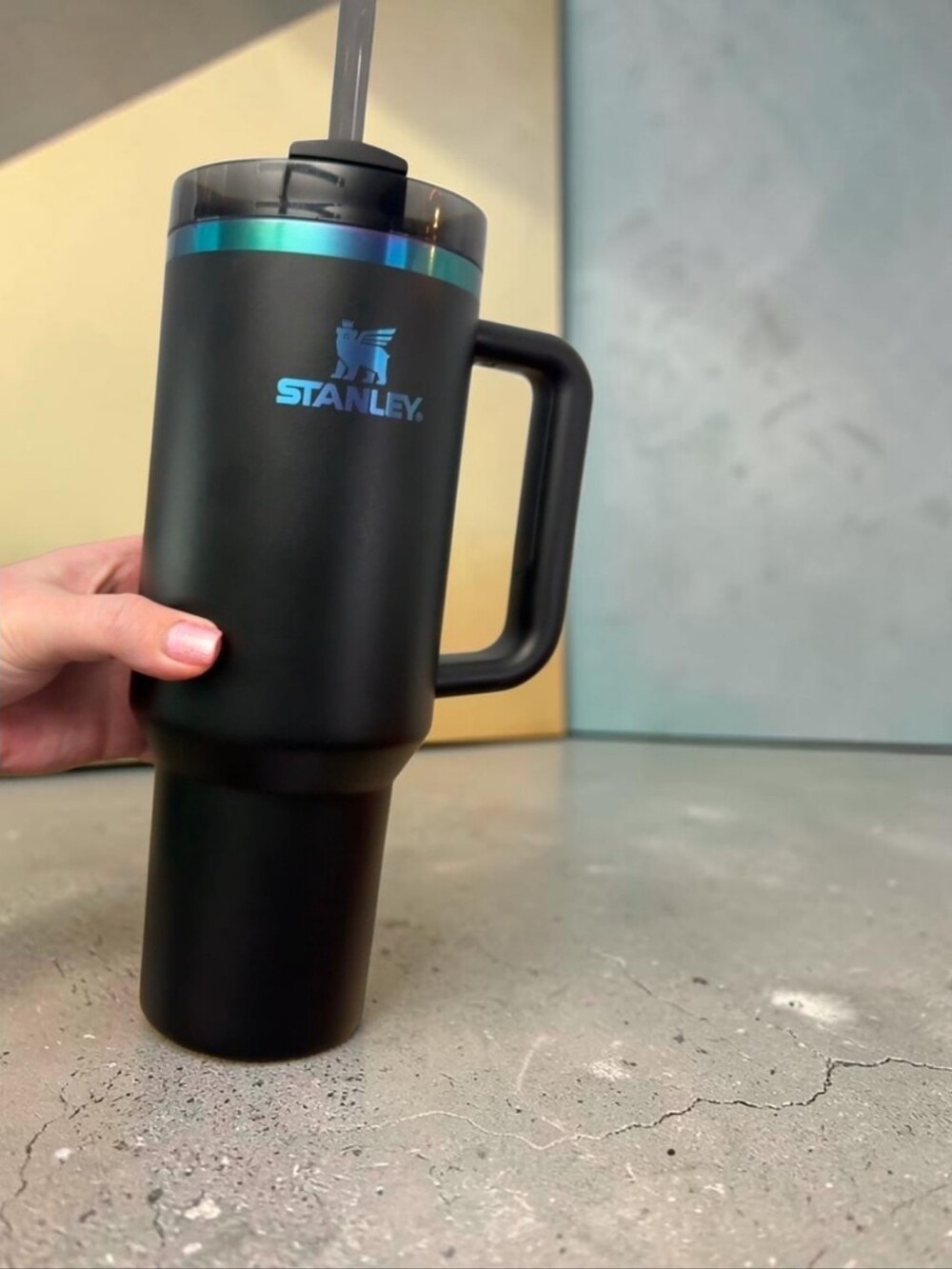 Stanley Black Travel Tumbler CHROMA 40 OZ with Handle and Iridescent Accent